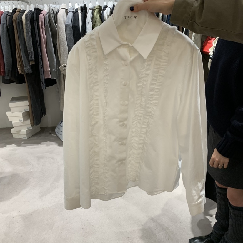TEMPTING韓國直郵26秋冬褶皺花邊翻領長袖襯衫蕾絲衫褶皺翻領TEMPTING襯衫/蕾絲衫圖色1
