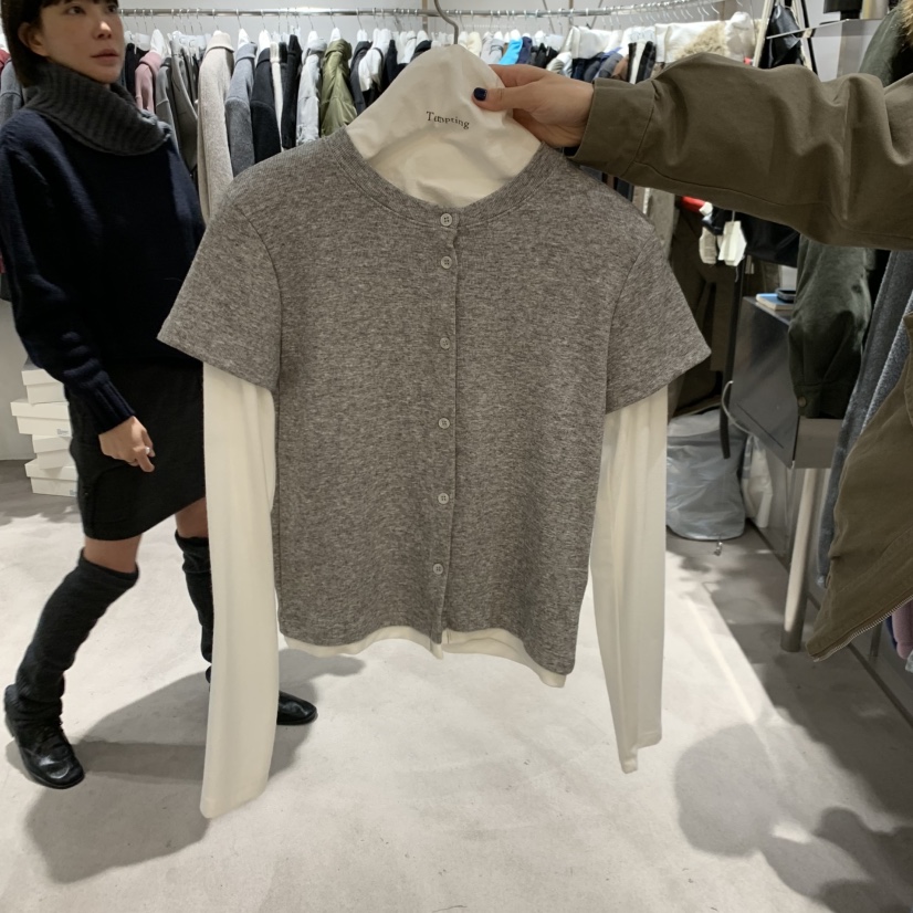 TEMPTING韓國代購26秋冬假兩件圓領針織開衫假兩件單排扣修身TEMPTING開衫圖色2
