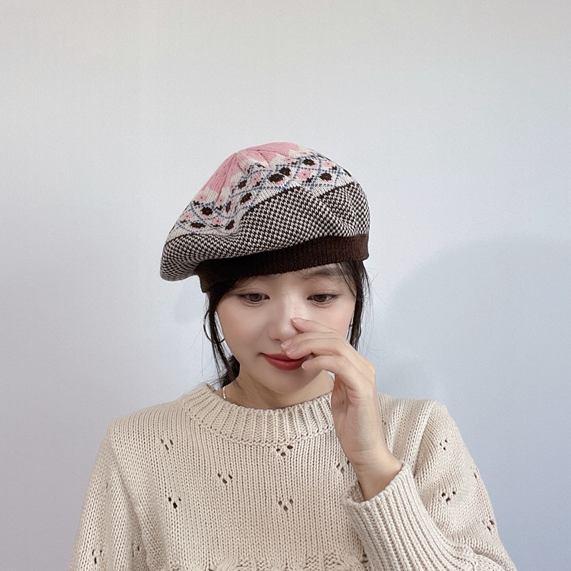 LOVELY HAT東大門代購26秋冬復古提花針織貝雷帽帽子提花LOVELY HAT帽子