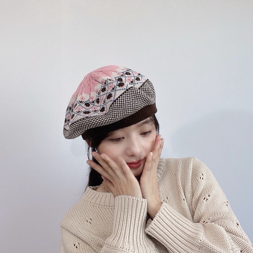 LOVELY HAT東大門代購26秋冬復古提花針織貝雷帽帽子提花LOVELY HAT帽子