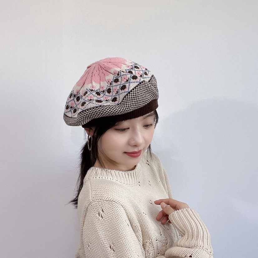 LOVELY HAT東大門代購26秋冬復古提花針織貝雷帽帽子提花LOVELY HAT帽子