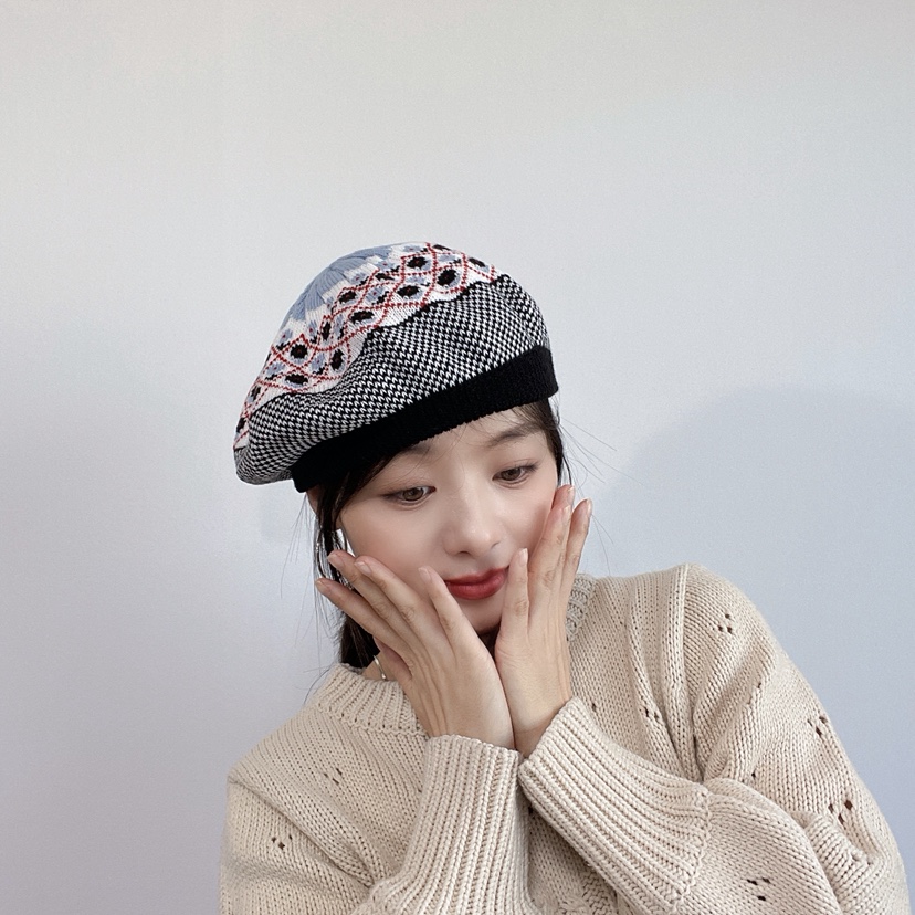 LOVELY HAT東大門代購26秋冬復古提花針織貝雷帽帽子提花LOVELY HAT帽子