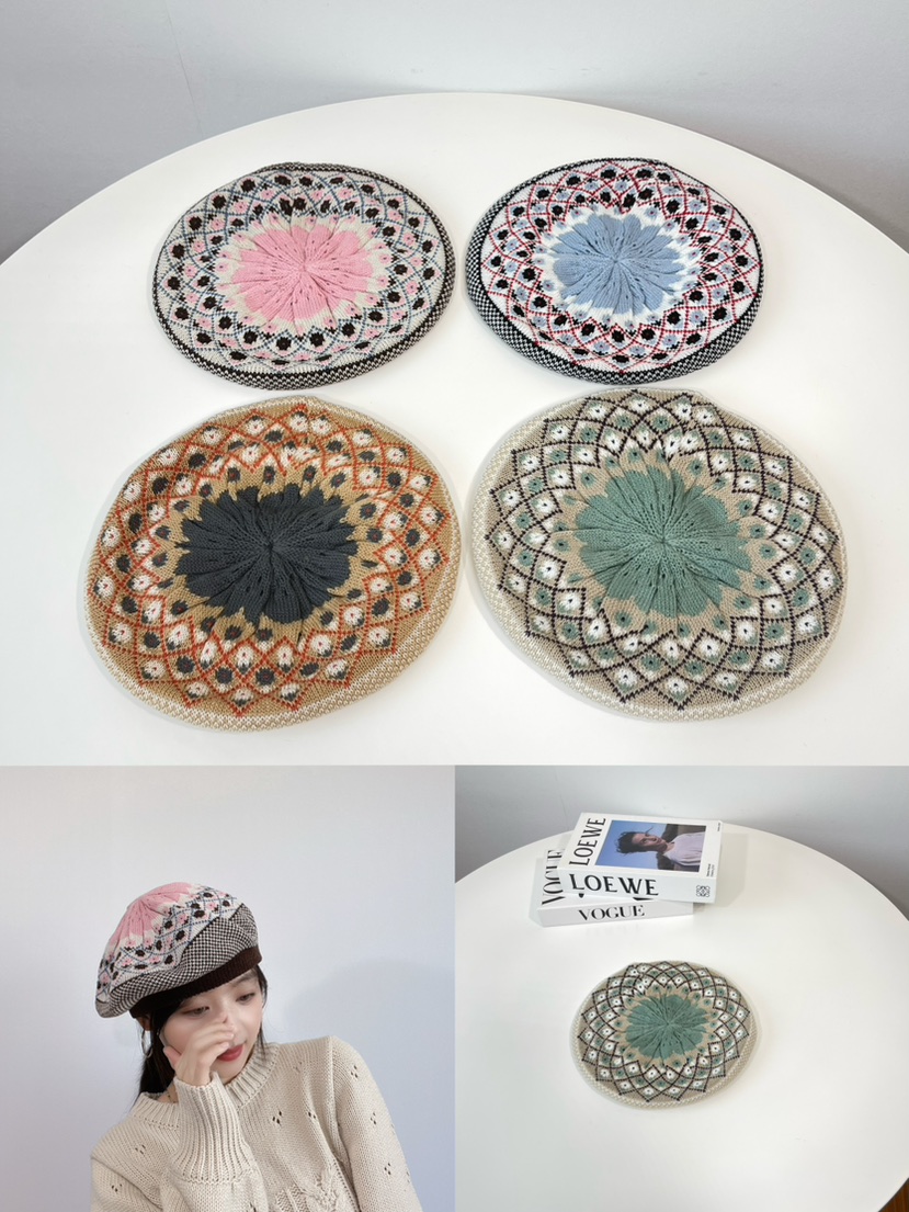 LOVELY HAT東大門代購26秋冬復古提花針織貝雷帽帽子提花LOVELY HAT帽子