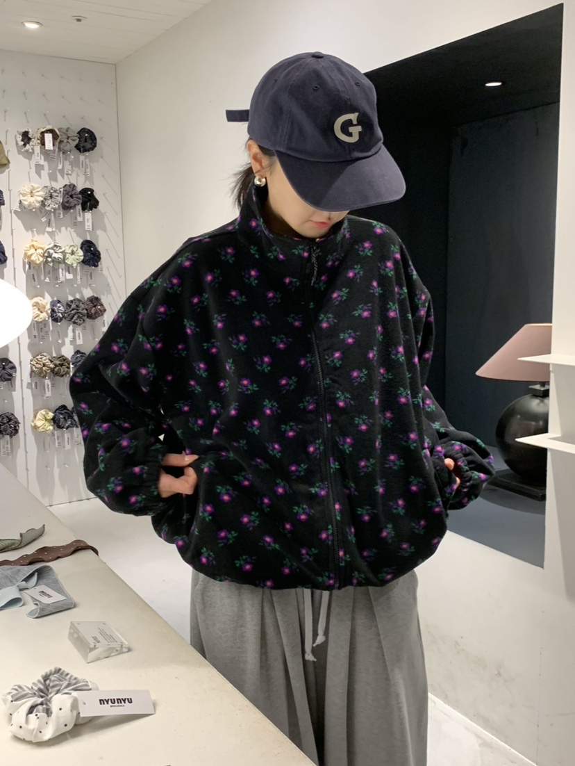 VANTA東大門代購26秋冬碎花搖粒絨立領夾克口袋立領抓絨VANTA夾克
