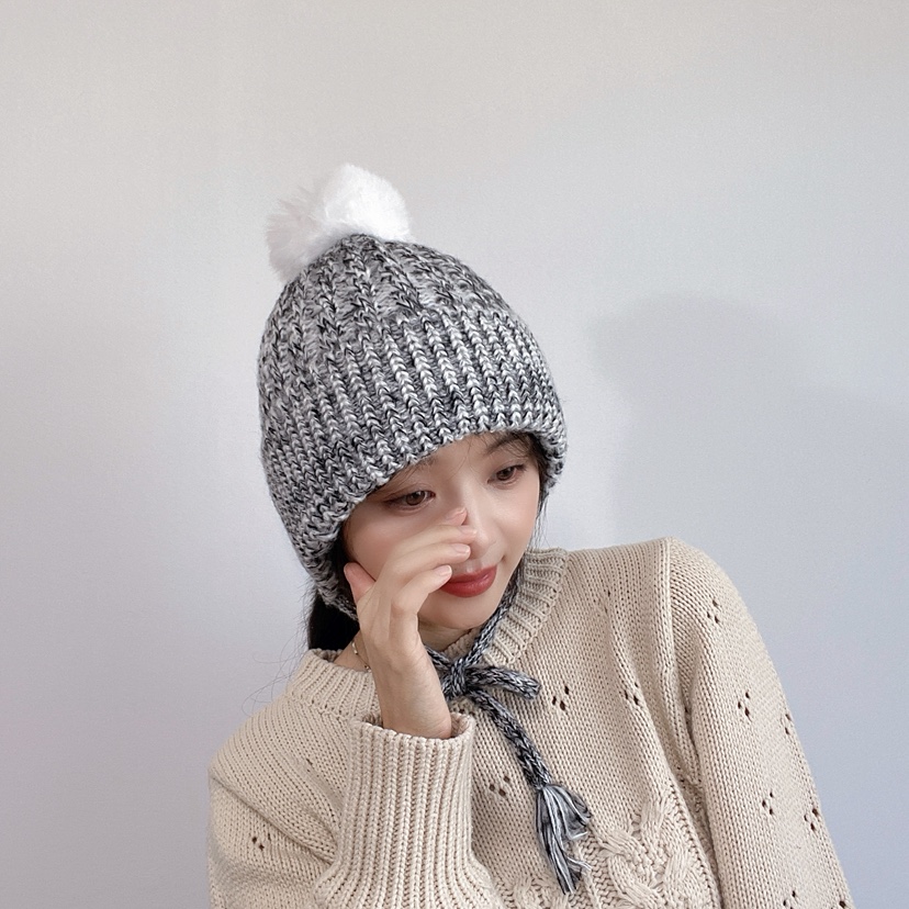 LOVELY HAT東大門實拍26秋冬混色針織護耳毛球帽帽子系帶LOVELY HAT帽子