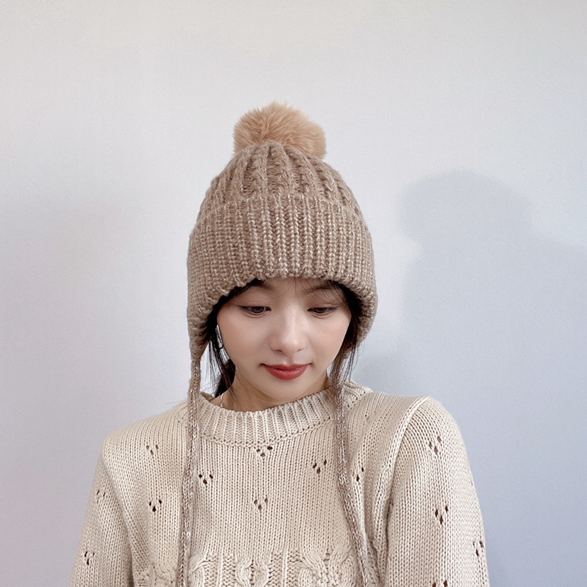 LOVELY HAT東大門實拍26秋冬混色針織護耳毛球帽帽子系帶LOVELY HAT帽子