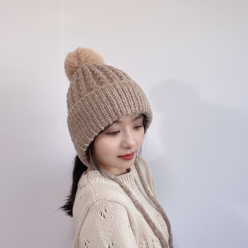 LOVELY HAT東大門實拍26秋冬混色針織護耳毛球帽帽子系帶LOVELY HAT帽子