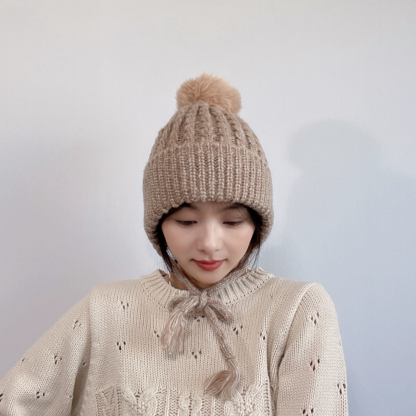 LOVELY HAT東大門實拍26秋冬混色針織護耳毛球帽帽子系帶LOVELY HAT帽子