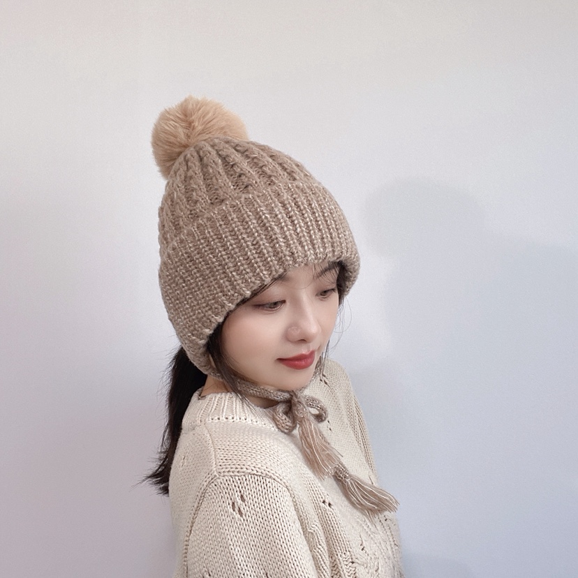 LOVELY HAT東大門實拍26秋冬混色針織護耳毛球帽帽子系帶LOVELY HAT帽子