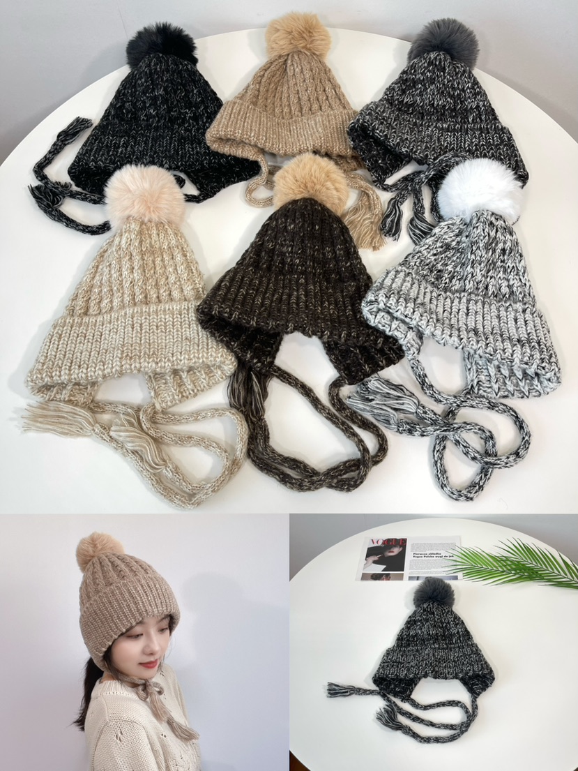 LOVELY HAT東大門實拍26秋冬混色針織護耳毛球帽帽子系帶LOVELY HAT帽子