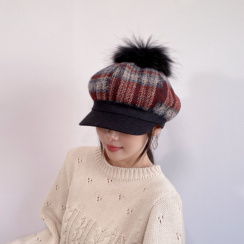 LOVELY HAT韓國直郵26秋冬格紋毛球鴨嘴帽帽子可調節LOVELY HAT帽子