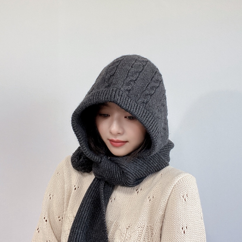 LOVELY HAT韓國代購26秋冬絞花針織連帽圍巾 毛球裝飾帽子圍巾LOVELY HAT帽子圖色2