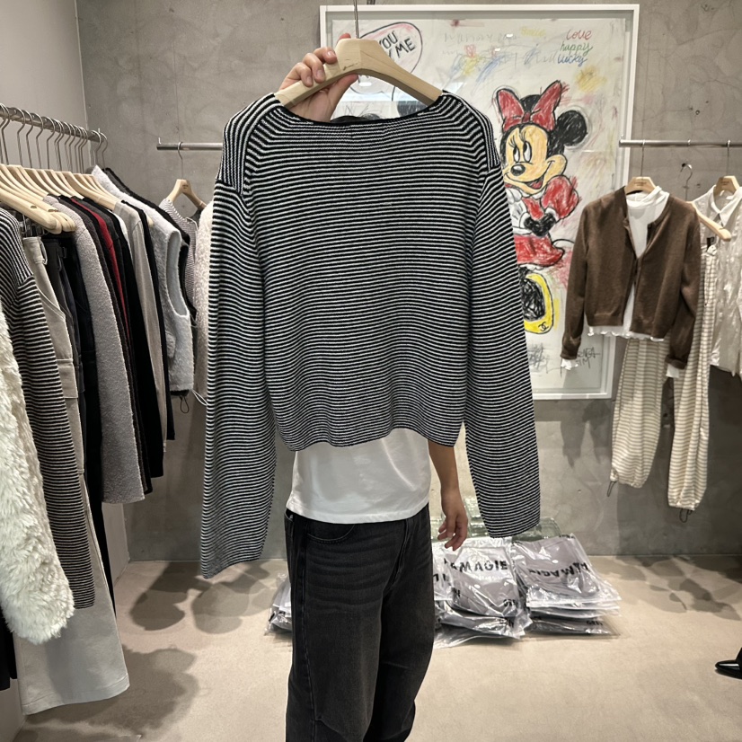 LAMAGIEPIE/LAMAGIE GREY韓國代購26秋冬短款條紋針織T恤長袖TLAMAGIEPIE/LAMAGIE GREY長袖T恤