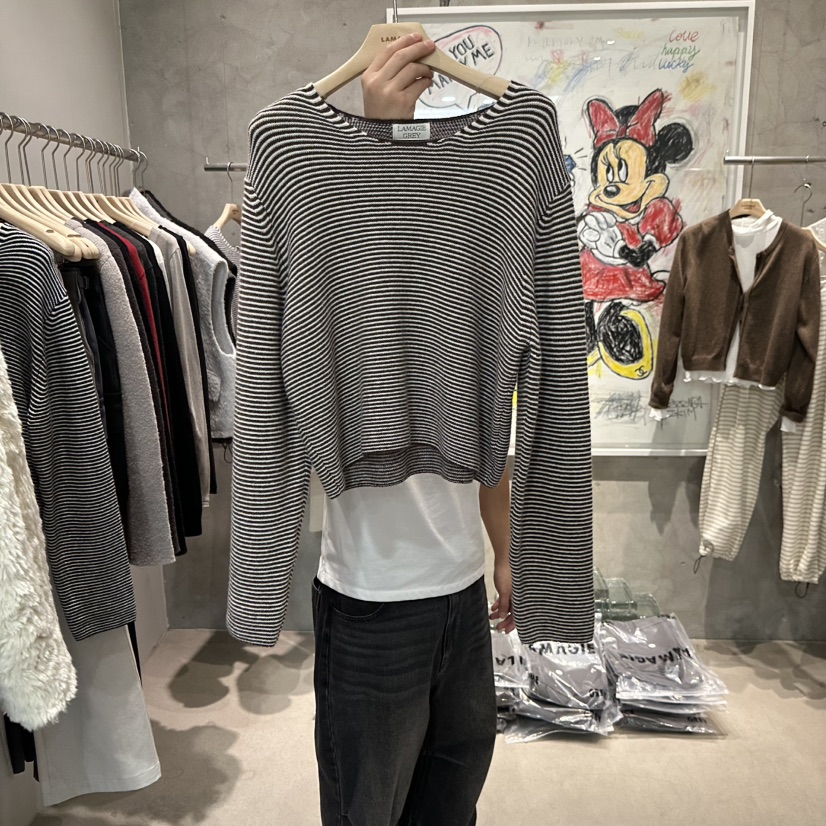 LAMAGIEPIE/LAMAGIE GREY韓國代購26秋冬短款條紋針織T恤長袖TLAMAGIEPIE/LAMAGIE GREY長袖T恤圖色2棕色