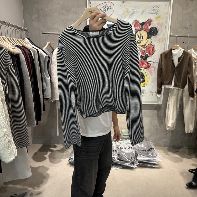 LAMAGIEPIE/LAMAGIE GREY韓國代購26秋冬短款條紋針織T恤長袖TLAMAGIEPIE/LAMAGIE GREY長袖T恤圖色3黑色