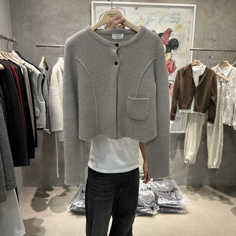 LAMAGIEPIE/LAMAGIE GREY韓國代購26秋冬短款針織開衫單排扣短LAMAGIEPIE/LAMAGIE GREY開衫圖色1