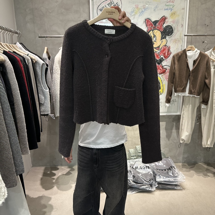 LAMAGIEPIE/LAMAGIE GREY韓國代購26秋冬短款針織開衫單排扣短LAMAGIEPIE/LAMAGIE GREY開衫圖色2棕色