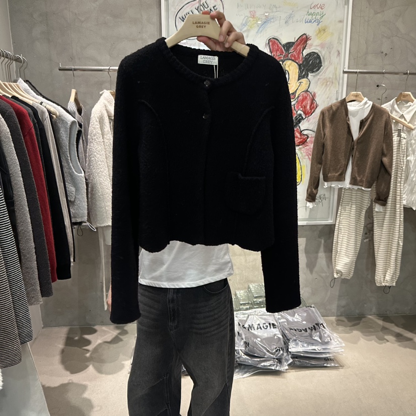 LAMAGIEPIE/LAMAGIE GREY韓國代購26秋冬短款針織開衫單排扣短LAMAGIEPIE/LAMAGIE GREY開衫圖色3黑色