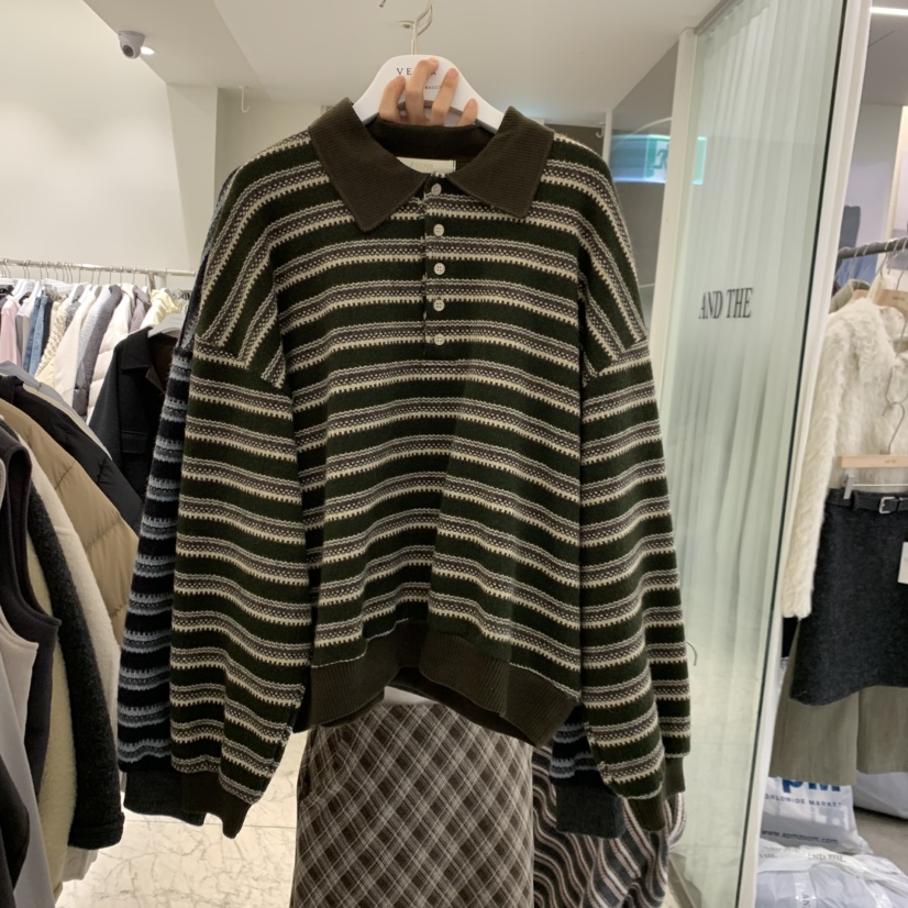 VENIR-A東大門直郵26秋冬條紋Polo領中領衛衣Polo翻領落肩羅紋VENIR-A衛衣圖色2綠色