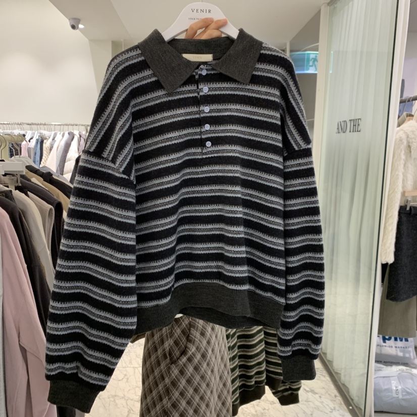 VENIR-A東大門直郵26秋冬條紋Polo領中領衛衣Polo翻領落肩羅紋VENIR-A衛衣圖色3藍色