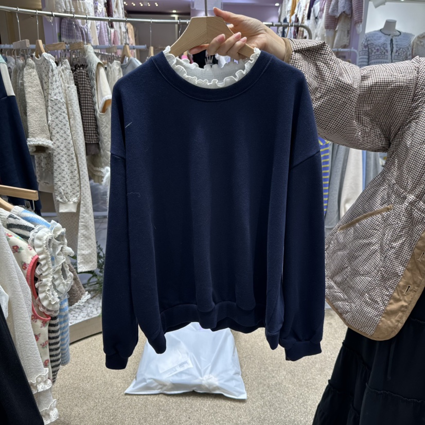 VIRUS韓國代購26秋冬蕾絲拼接系帶衛衣荷葉邊系帶落肩蕾絲圓領VIRUS衛衣圖色2