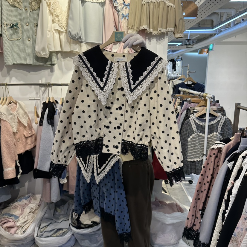 Papaine/HALMADE東大門代購26秋冬波點蕾絲翻領短外套夾克大翻Papaine/HALMADE夾克圖色1