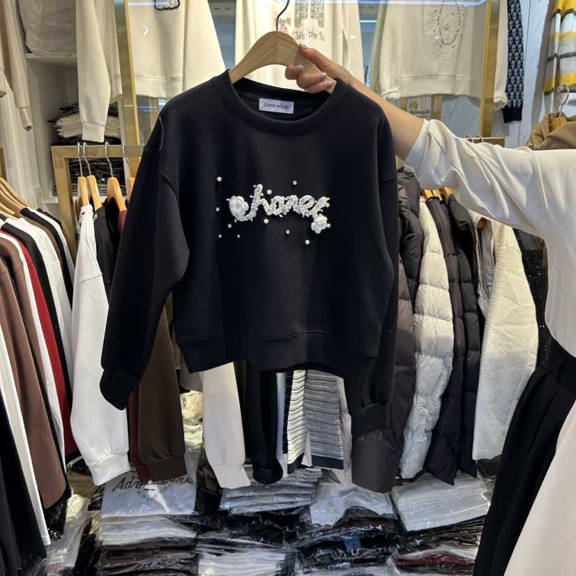 COCO HOLIC韓國直郵26秋冬珍珠裝飾圓領衛衣花朵珍珠圓領運動COCO HOLIC衛衣圖色5