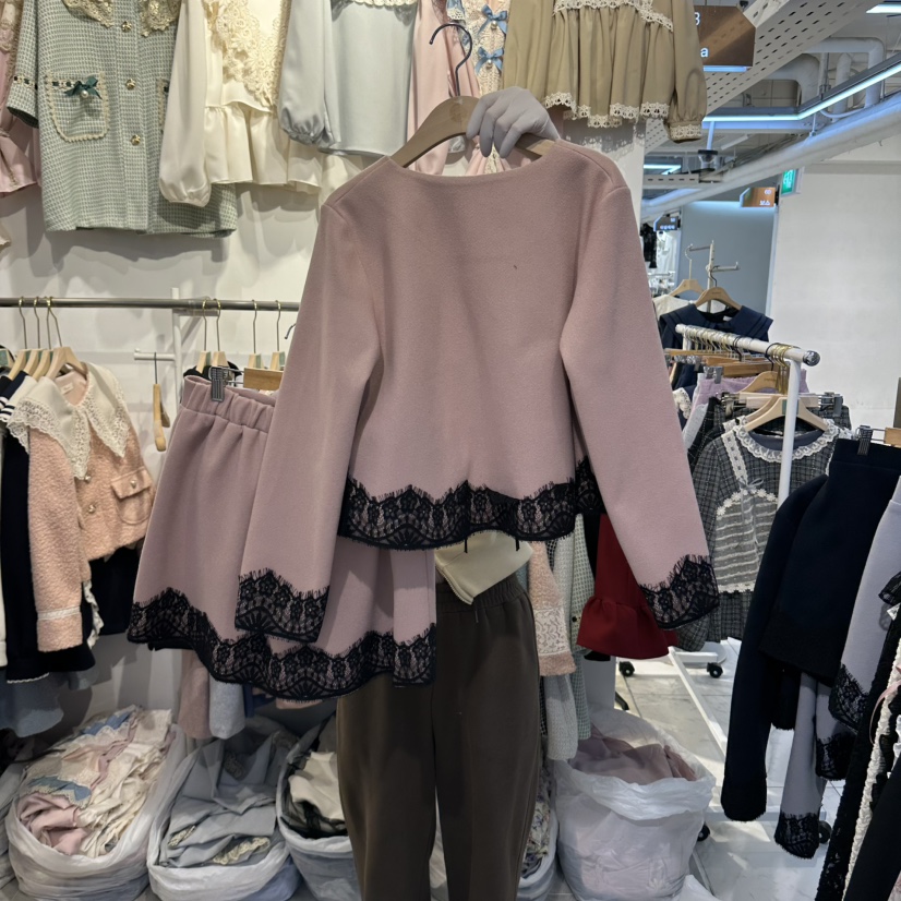 Papaine/HALMADE東大門代購26秋冬蕾絲系帶短外套半裙套裝系帶Papaine/HALMADE套裝