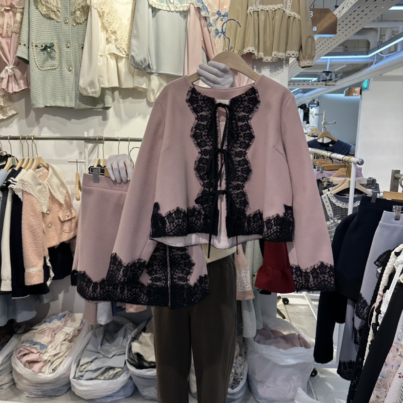 Papaine/HALMADE東大門代購26秋冬蕾絲系帶短外套半裙套裝系帶Papaine/HALMADE套裝圖色1