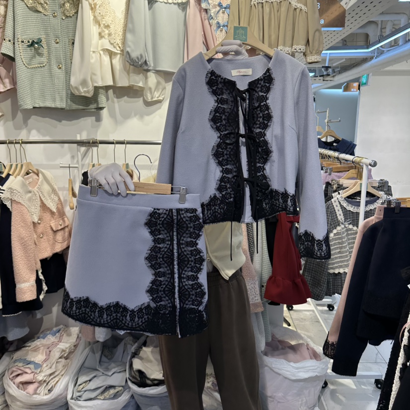 Papaine/HALMADE東大門代購26秋冬蕾絲系帶短外套半裙套裝系帶Papaine/HALMADE套裝圖色2