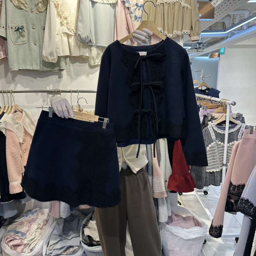Papaine/HALMADE東大門代購26秋冬蕾絲系帶短外套半裙套裝系帶Papaine/HALMADE套裝圖色3