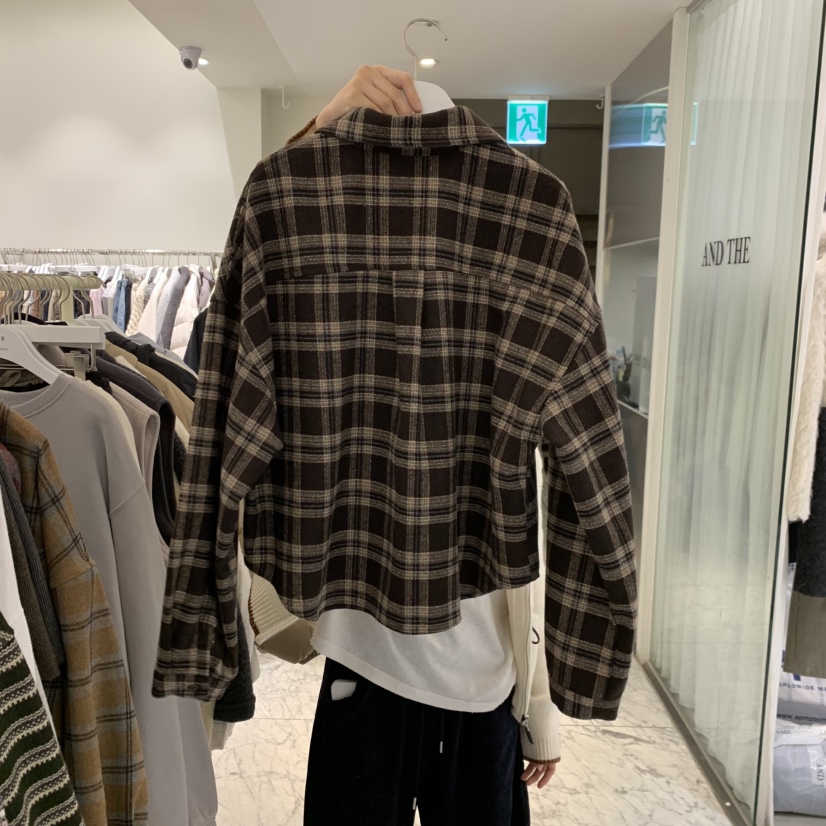 VENIR-A韓國直郵26秋冬寬松落肩格紋長袖襯衫蕾絲衫口袋落肩寬VENIR-A襯衫/蕾絲衫