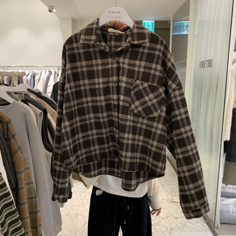 VENIR-A韓國直郵26秋冬寬松落肩格紋長袖襯衫蕾絲衫口袋落肩寬VENIR-A襯衫/蕾絲衫圖色2