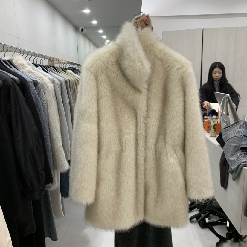 ETTER-B東大門代購26秋冬立領毛絨中長款大衣口袋立領寬松ETTER-B中長款大衣圖色1白