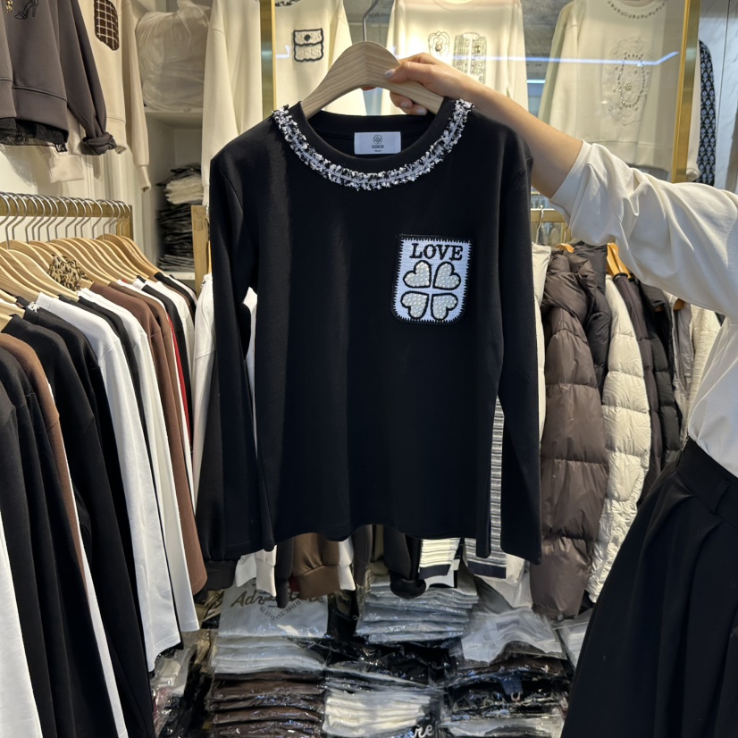COCO HOLIC韓國代購26秋冬小香風刺繡長袖T恤刺繡珍珠圓領COCO HOLIC長袖T恤圖色2