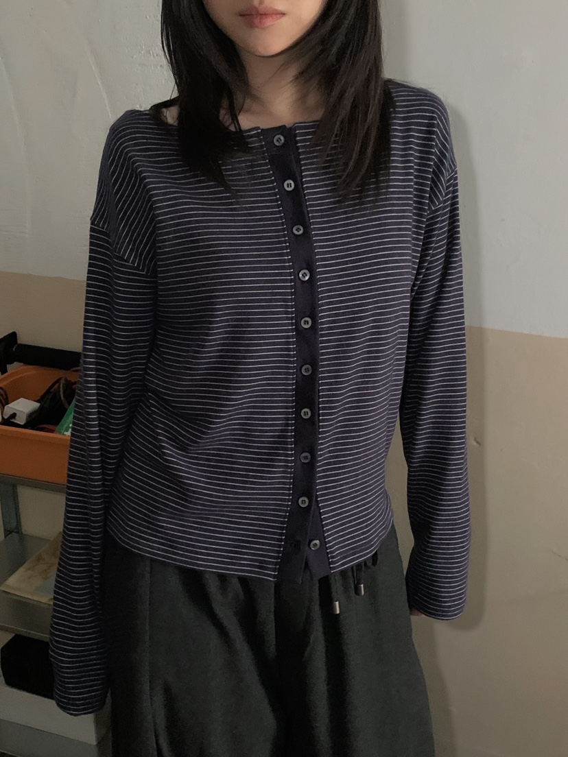 MOMENTUM東大門實拍26秋冬船領條紋開衫單排扣船領落肩開衫條MOMENTUM開衫