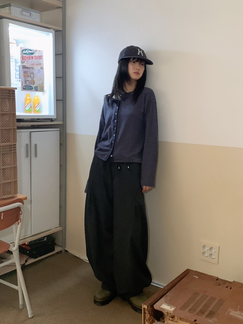 MOMENTUM東大門實拍26秋冬船領條紋開衫單排扣船領落肩開衫條MOMENTUM開衫
