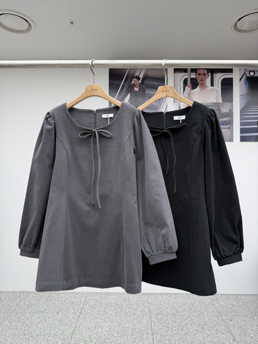 MADE-P東大門代購26秋冬系帶泡泡袖短款連衣裙A字廓形拉鏈開合MADE-P連衣裙