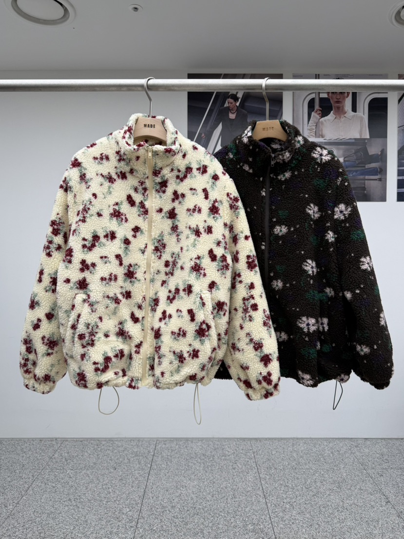 MADE-P韓國代購26秋冬碎花羊羔毛立領拉鏈夾克口袋立領抽繩MADE-P夾克