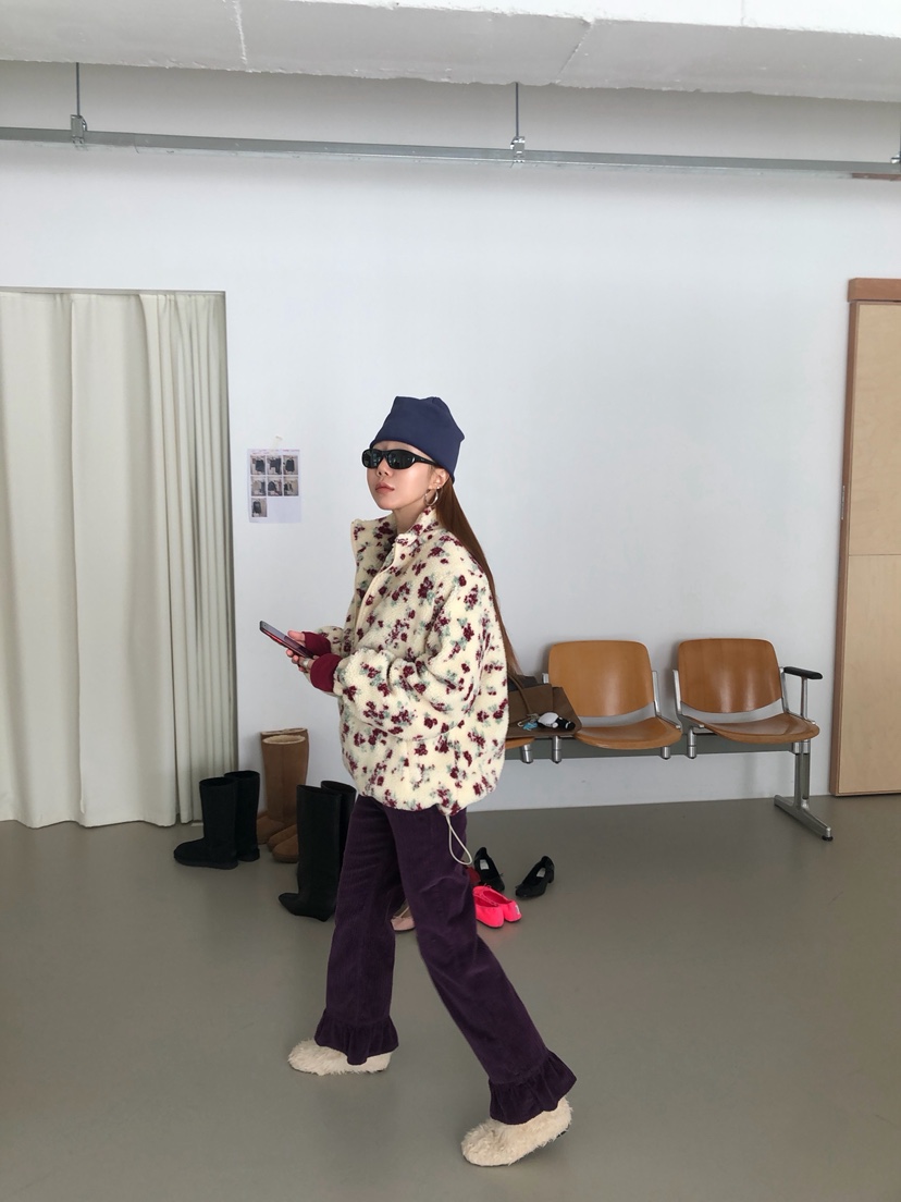 MADE-P韓國代購26秋冬碎花羊羔毛立領拉鏈夾克口袋立領抽繩MADE-P夾克