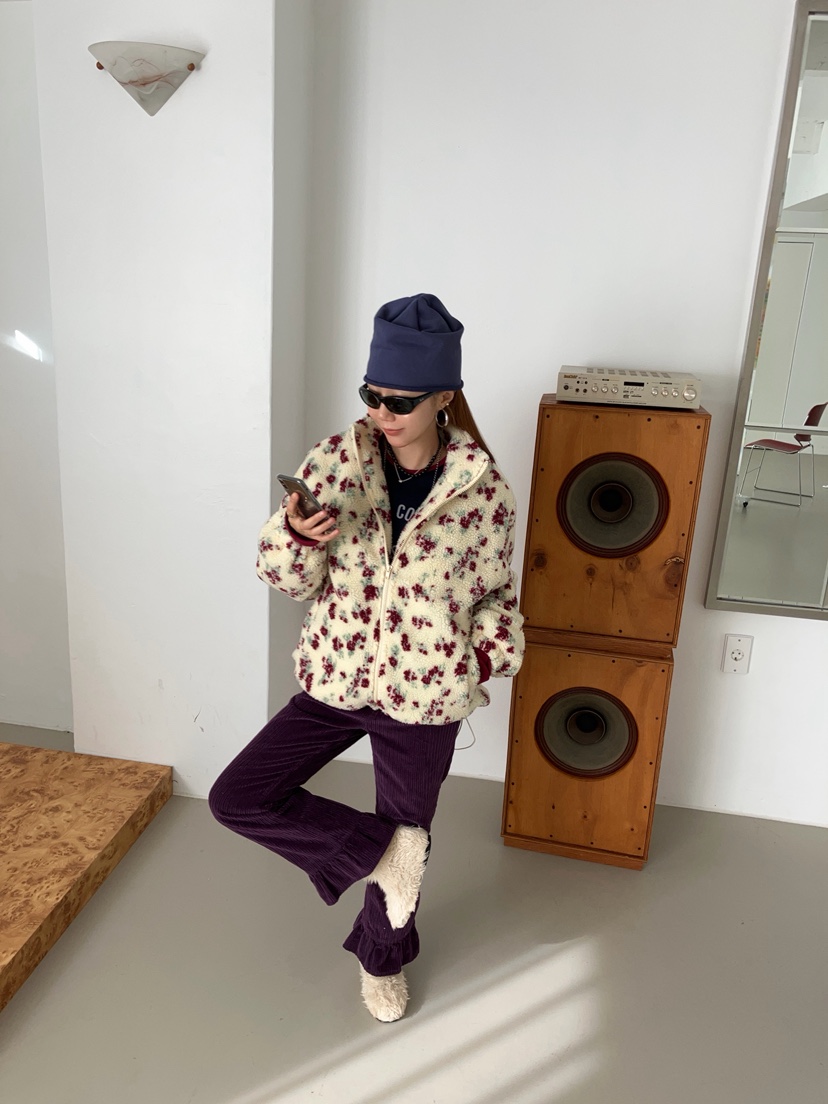 MADE-P韓國代購26秋冬碎花羊羔毛立領拉鏈夾克口袋立領抽繩MADE-P夾克