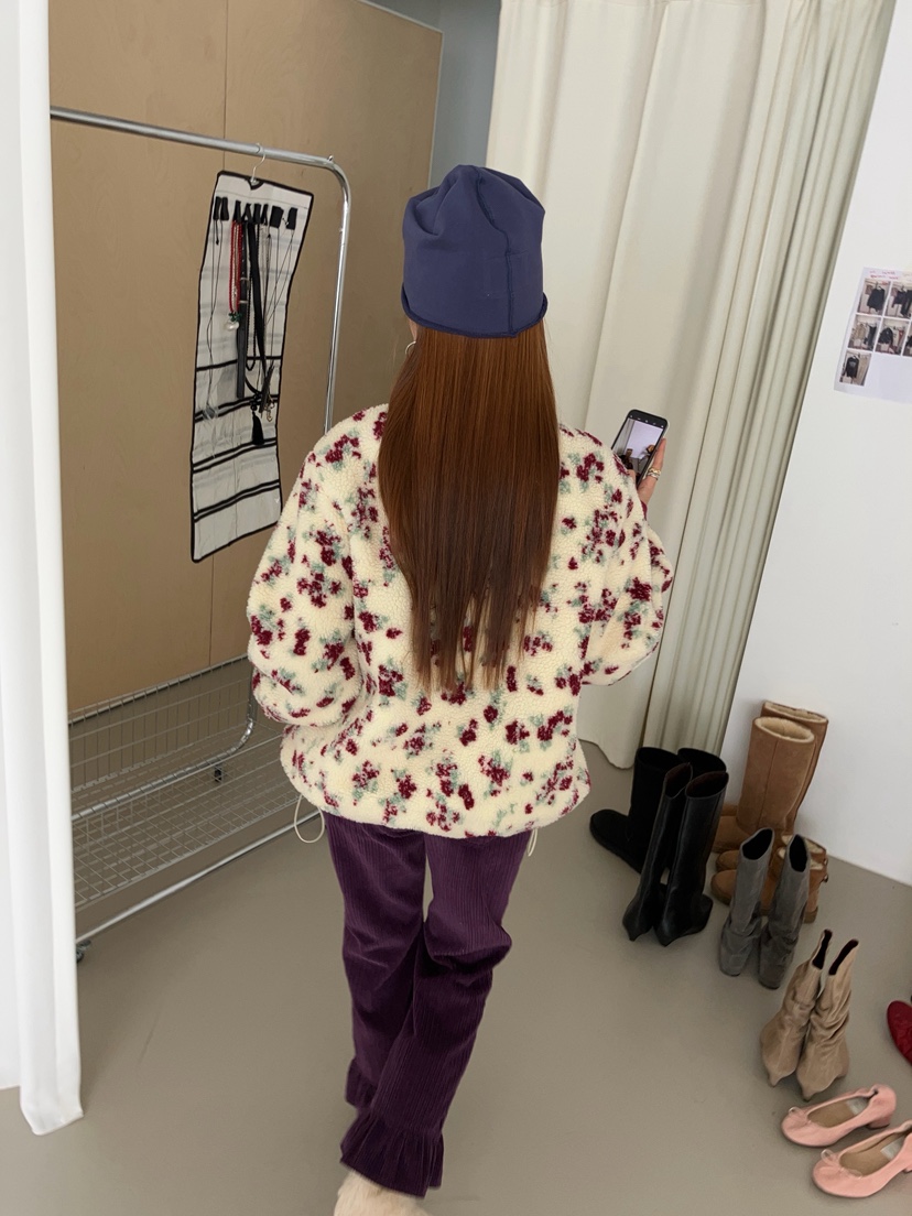 MADE-P韓國代購26秋冬碎花羊羔毛立領拉鏈夾克口袋立領抽繩MADE-P夾克