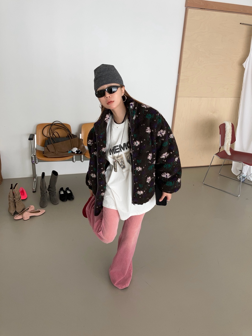 MADE-P韓國代購26秋冬碎花羊羔毛立領拉鏈夾克口袋立領抽繩MADE-P夾克