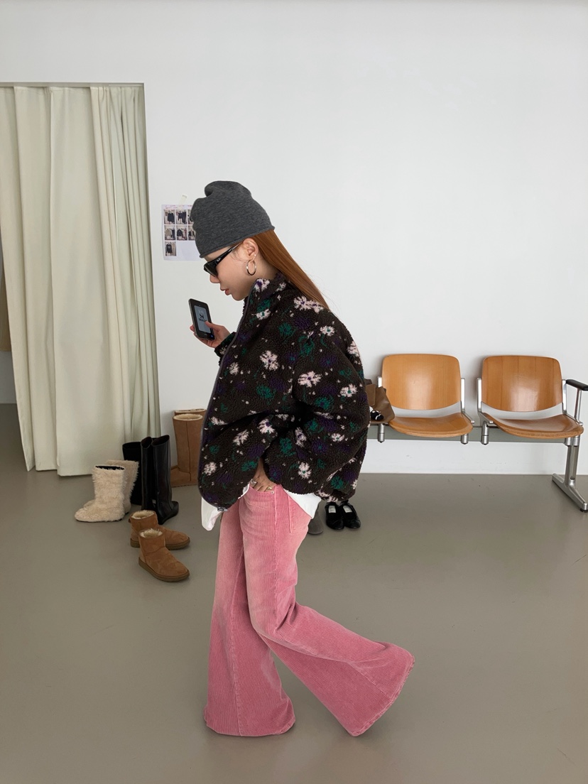 MADE-P韓國代購26秋冬碎花羊羔毛立領拉鏈夾克口袋立領抽繩MADE-P夾克