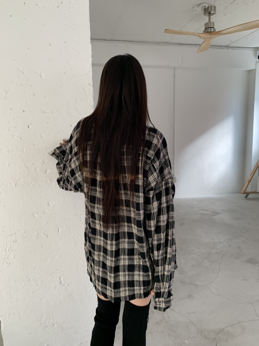 PLO_VER東大門直郵26秋冬寬松格紋長袖襯衫蕾絲衫落肩翻領寬松PLO_VER襯衫/蕾絲衫