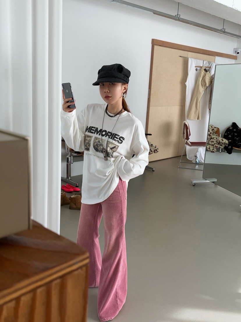 MADE-P韓國直郵26秋冬圓領落肩印花長袖T恤落肩圓領MADE-P長袖T恤