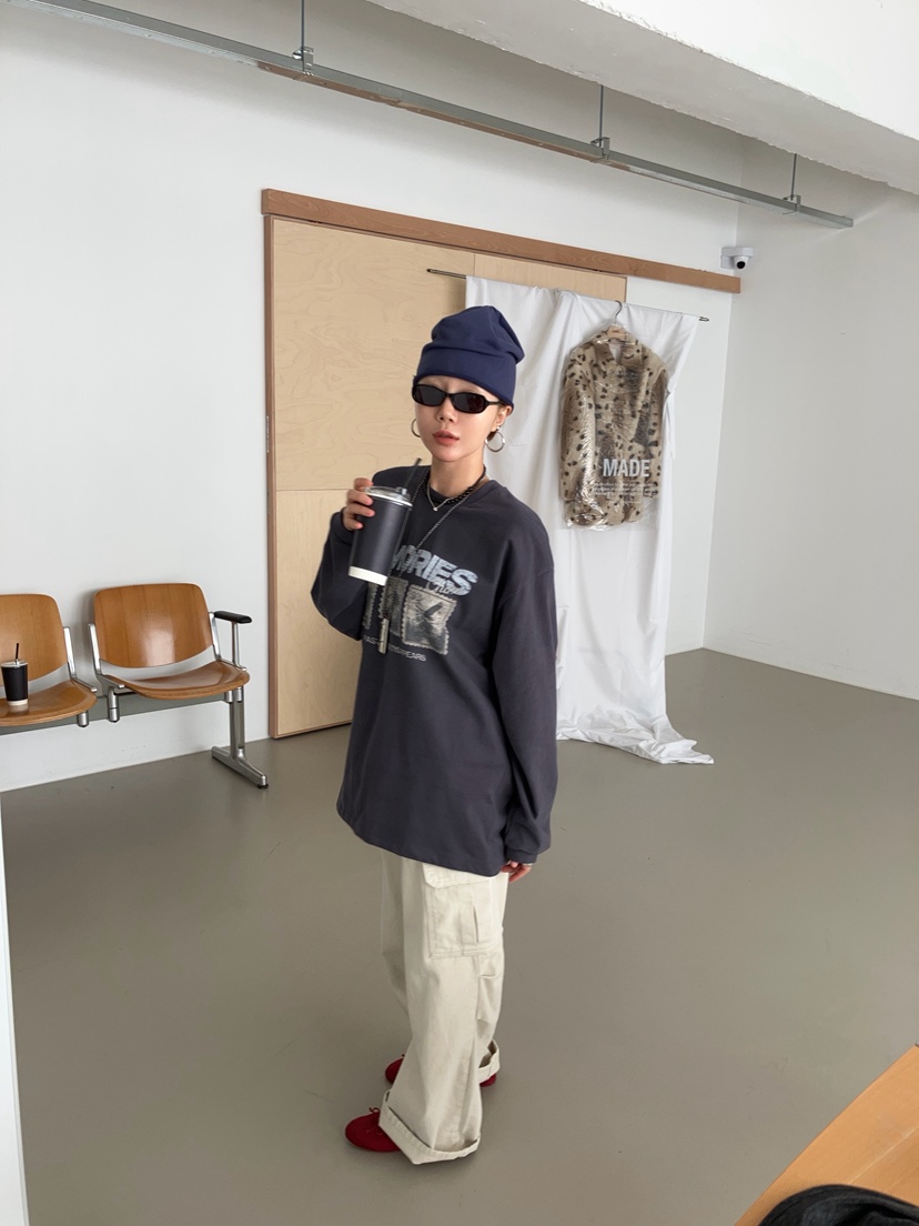 MADE-P韓國直郵26秋冬圓領落肩印花長袖T恤落肩圓領MADE-P長袖T恤