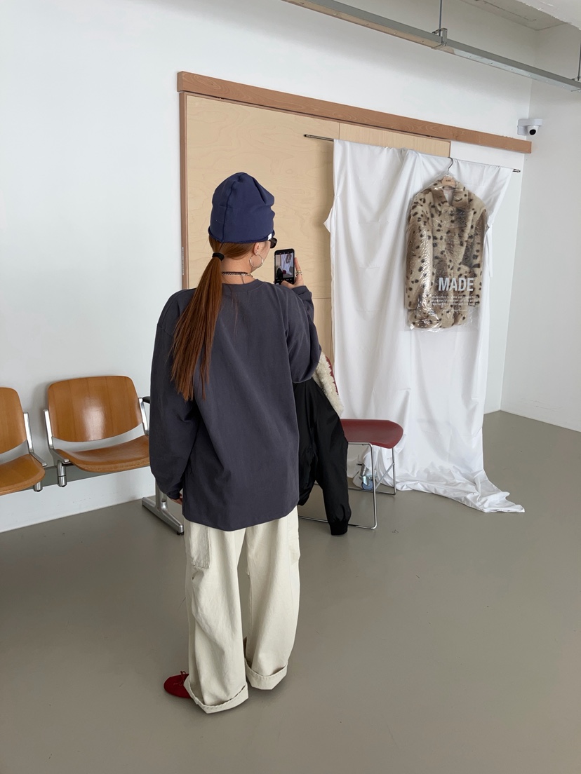 MADE-P韓國直郵26秋冬圓領落肩印花長袖T恤落肩圓領MADE-P長袖T恤