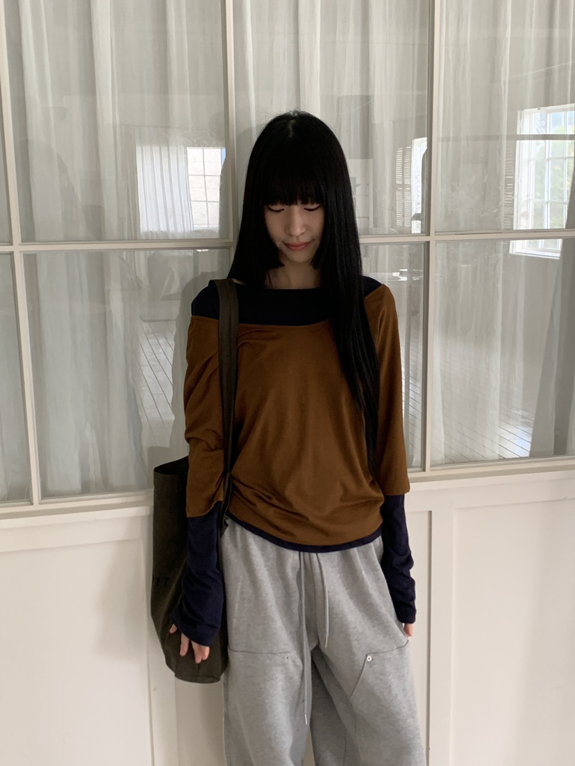 LO GARDEN韓國代購26秋冬假兩件露肩T恤長袖T恤不含配飾假兩件LO GARDEN長袖T恤