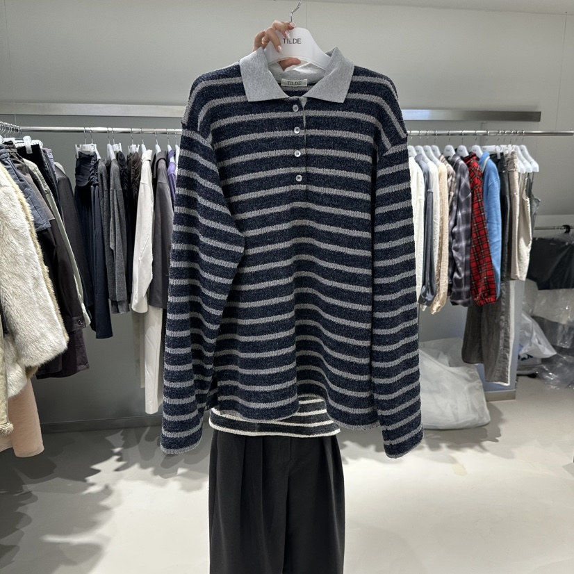 TILDE/PORTS MOSS東大門直郵26秋冬條紋針織翻領上衣長袖T恤落TILDE/PORTS MOSS長袖T恤圖色2